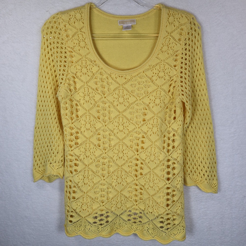 Christina Yellow Crochet Knit Sweater 3/4 Sleeve Lined Scoop Neck Womens Medium‎